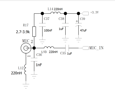 Schematisches Schaltbild einer Mikrofon-Eingangsstufe (MIC) mit einem dreistufigen Filter (LC-Netzwerk) zur Unterdrückung von TDD-Rauschen.