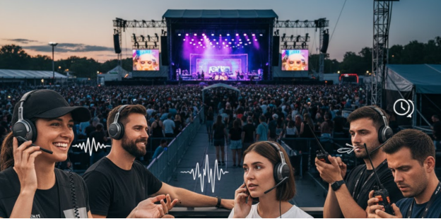 Veranstaltungspersonal nutzt Vollduplex-Headsets bei einem überfüllten Konzert.