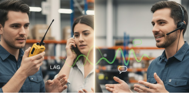 Visuelle Darstellung der Verzögerung bei Halbduplex-Übertragung im Vergleich zu klarer, sofortiger Vollduplex-Kommunikation.