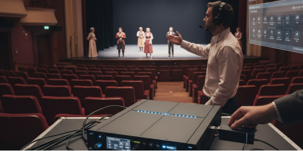 Der Bühnenregisseur nutzt während der Theaterprobe eine professionelle Gegensprechanlage.