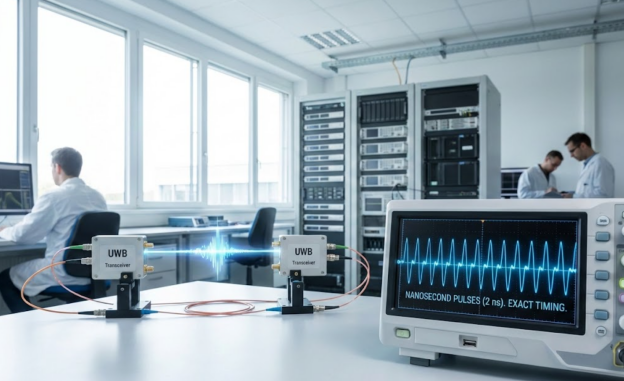 Hochtechnologische UWB-Laborvisualisierung zur Darstellung von Pulszeiten im Nanosekundenbereich.