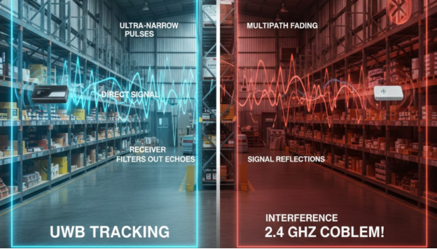 Die überlegene Störfestigkeit von UWB in Lagerhallen.