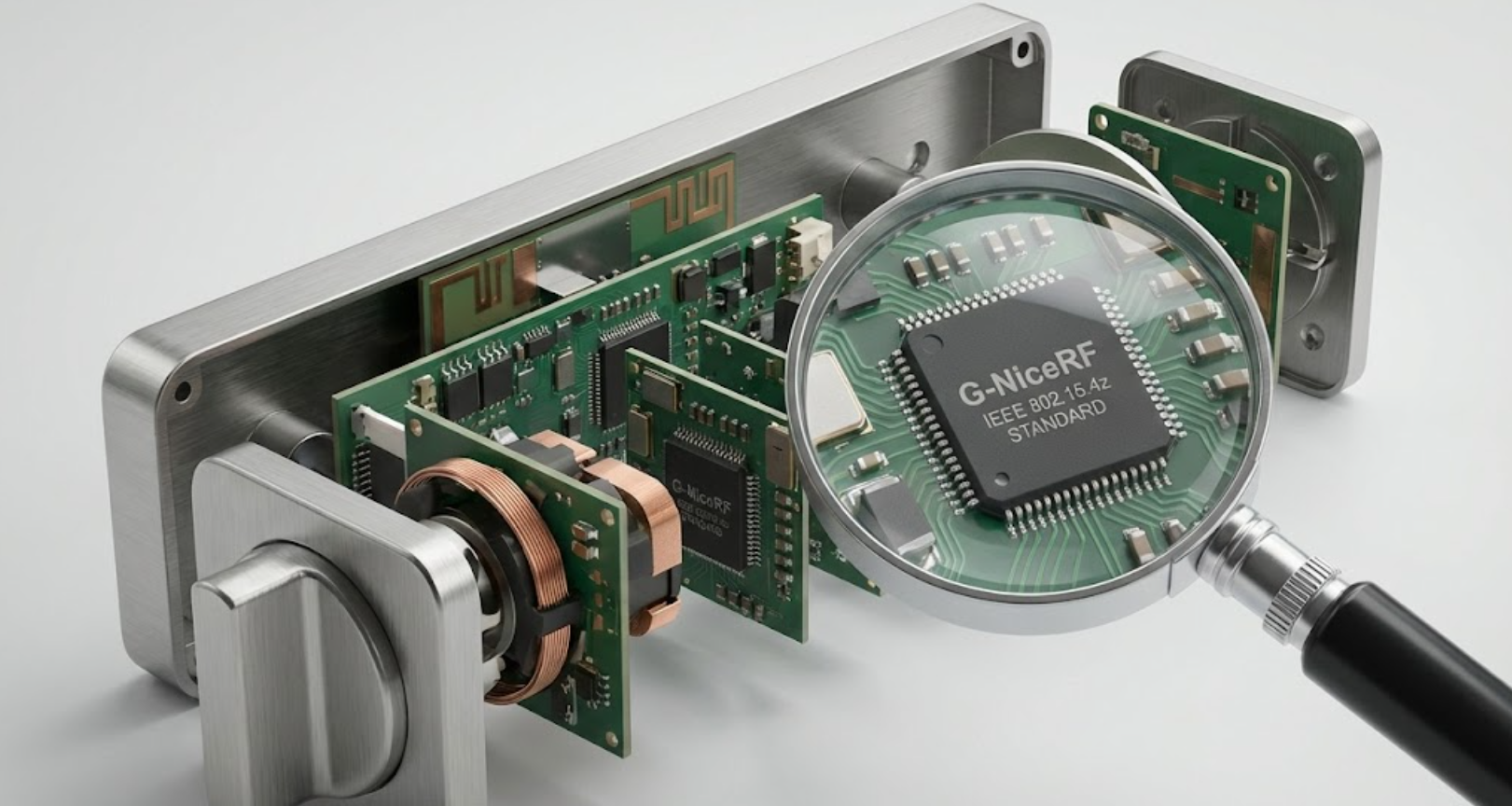 Explosionszeichnung der Komponenten eines UWB-Smart-Locks und des IEEE-Chips.
