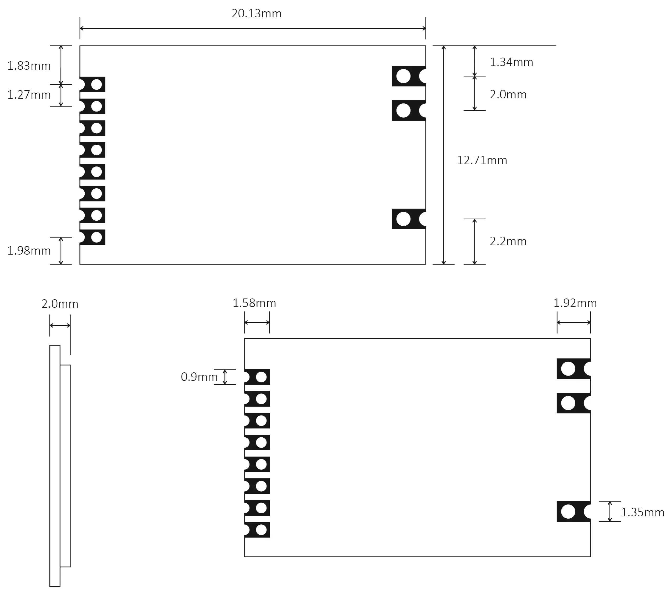 Mechanische Abmessungen des 20-mW-HF-Transceivermoduls RF1101 Mechanische Abmessungen des 20-mW-HF-Transceivermoduls RF1101