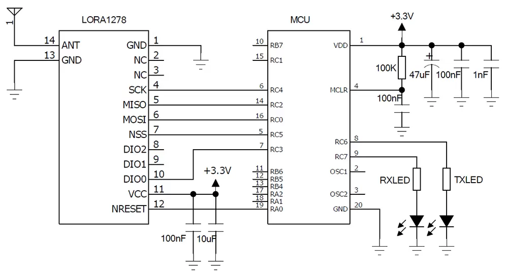 Anwendungsschaltung des drahtlosen 433/470 MHz LoRa-Moduls LoRa1278 Anwendungsschaltung des drahtlosen 433/470 MHz LoRa-Moduls LoRa1278