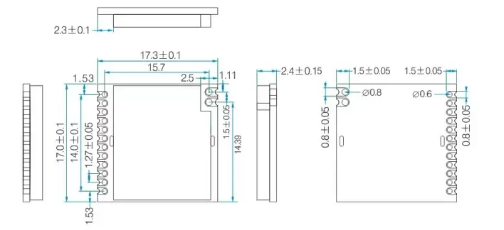 Mechanische Abmessungen des Funkmoduls RF4432PRO Mechanische Abmessungen des Funkmoduls RF4432PRO