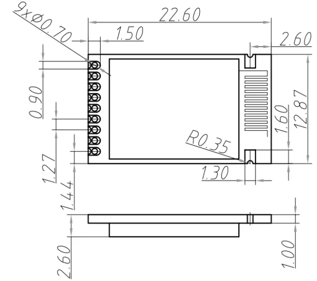 Mechanische Abmessungen des 2,4 GHz Embedded Beacon Module Beacon128 Mechanische Abmessungen des 2,4 GHz Embedded Beacon Module Beacon128