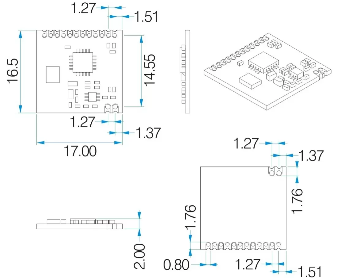Mechanische Abmessungen des Advanced RF Module RF4421 Mechanische Abmessungen des Advanced RF Module RF4421
