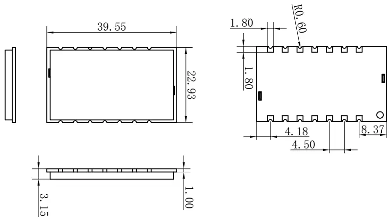 Mechanische Abmessungen des drahtlosen UART LoRa-Moduls LoRaStar610 Mechanische Abmessungen des drahtlosen UART LoRa-Moduls LoRaStar610