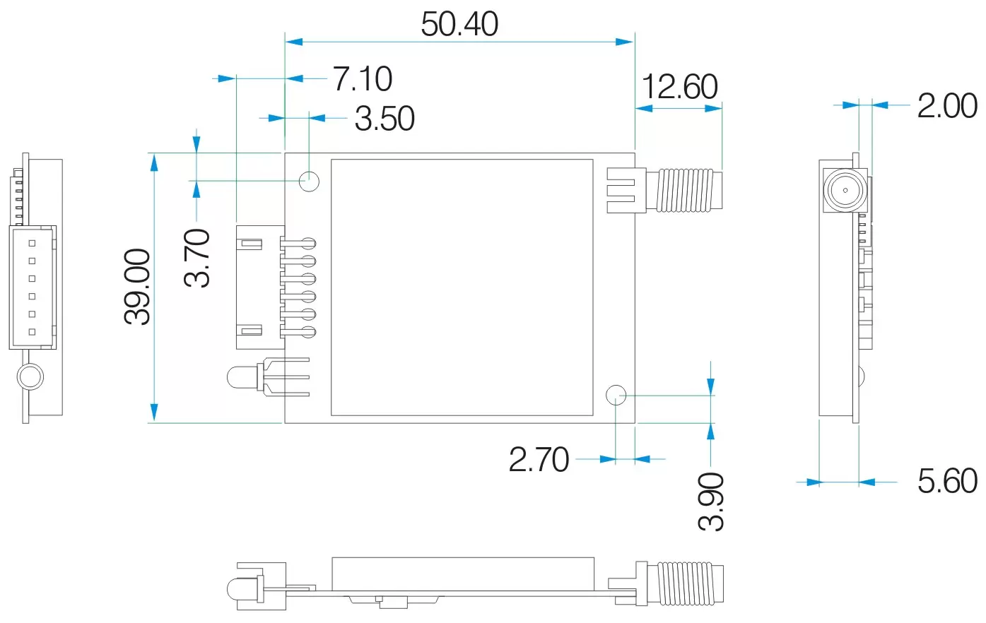 Mechanische Abmessungen des drahtlosen UART LoRa-Moduls LoRaStar6100 Mechanische Abmessungen des drahtlosen UART LoRa-Moduls LoRaStar6100