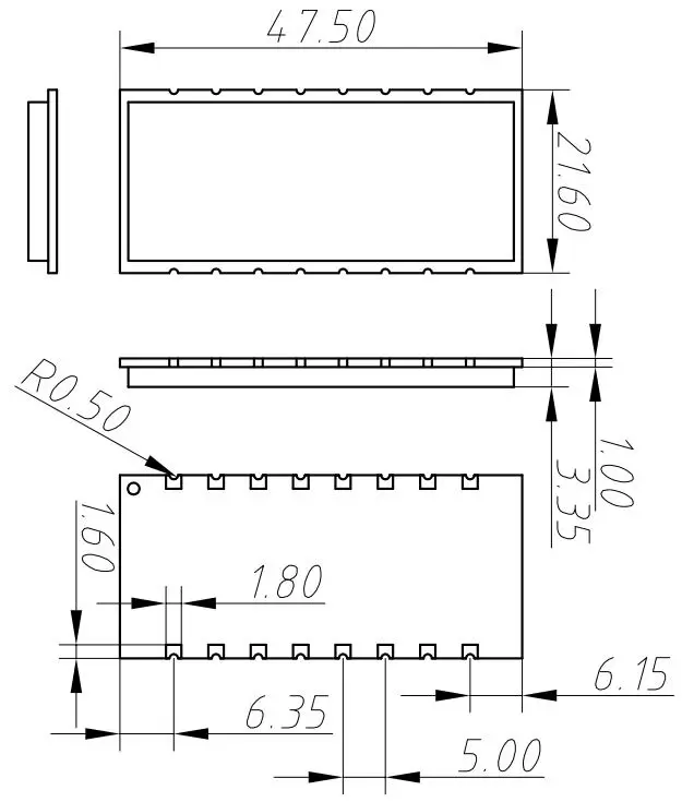 Mechanische Abmessungen des UART RF Transceiver Moduls SV650 Mechanische Abmessungen des UART RF Transceiver Moduls SV650