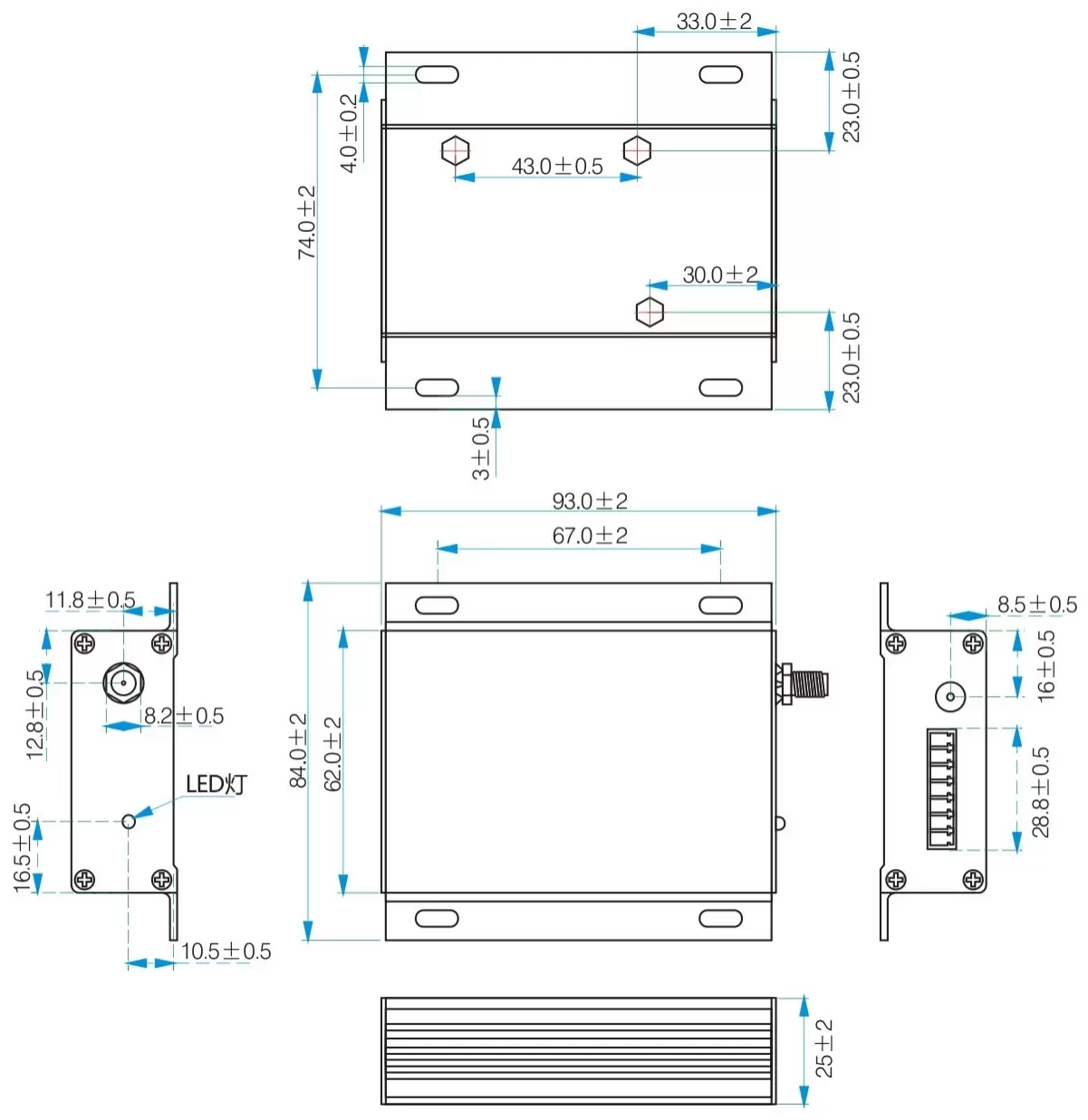 Mechanische Abmessungen des 3W Industrie-HF-Modems SV6300 Mechanische Abmessungen des 3W Industrie-HF-Modems SV6300