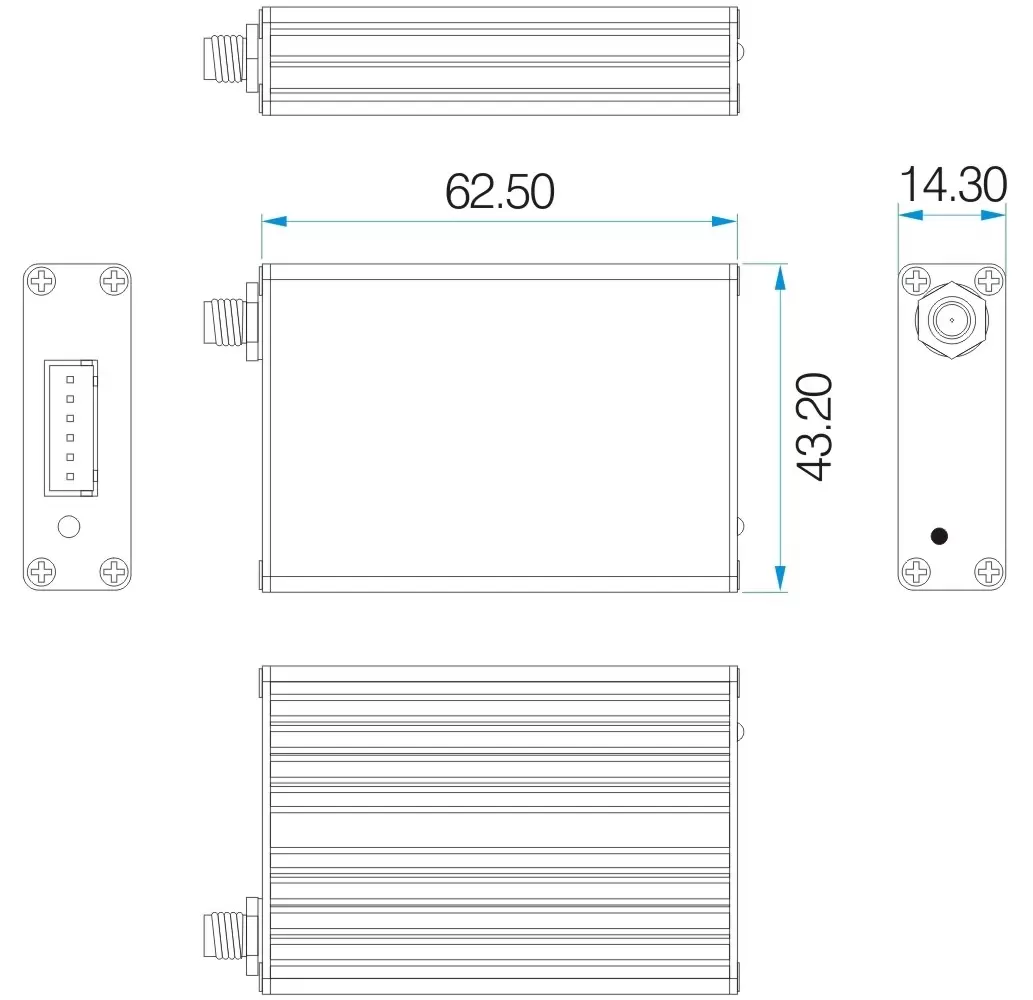 Mechanische Abmessungen des 2W Industrie-HF-Modems SV6202 Mechanische Abmessungen des 2W Industrie-HF-Modems SV6202