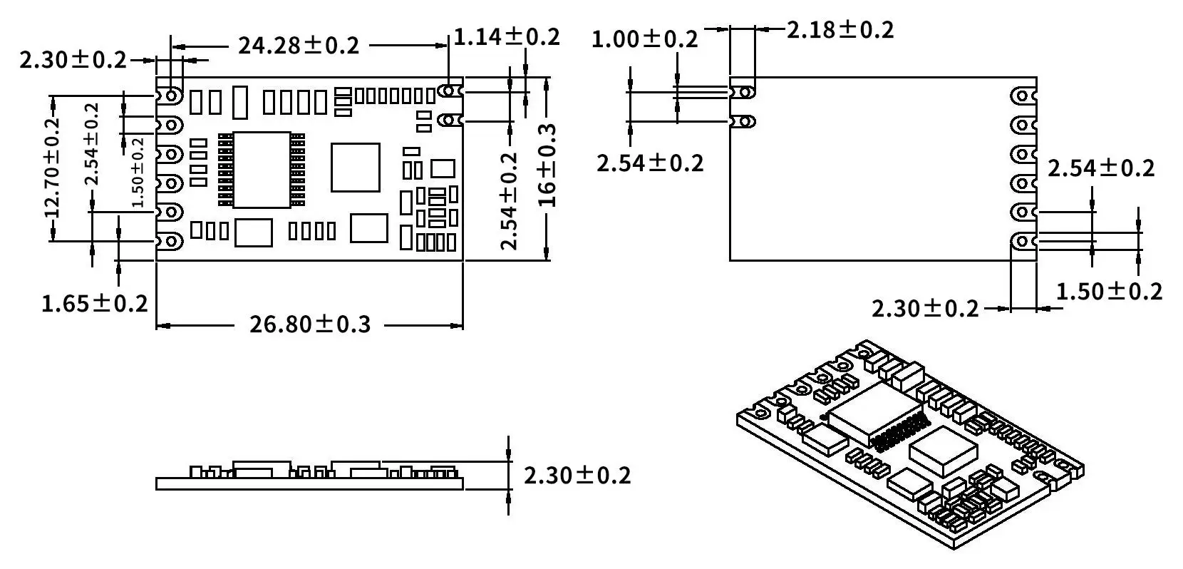 Mechanische Abmessungen des Uart-HF-Moduls SV610 Mechanische Abmessungen des Uart-HF-Moduls SV610