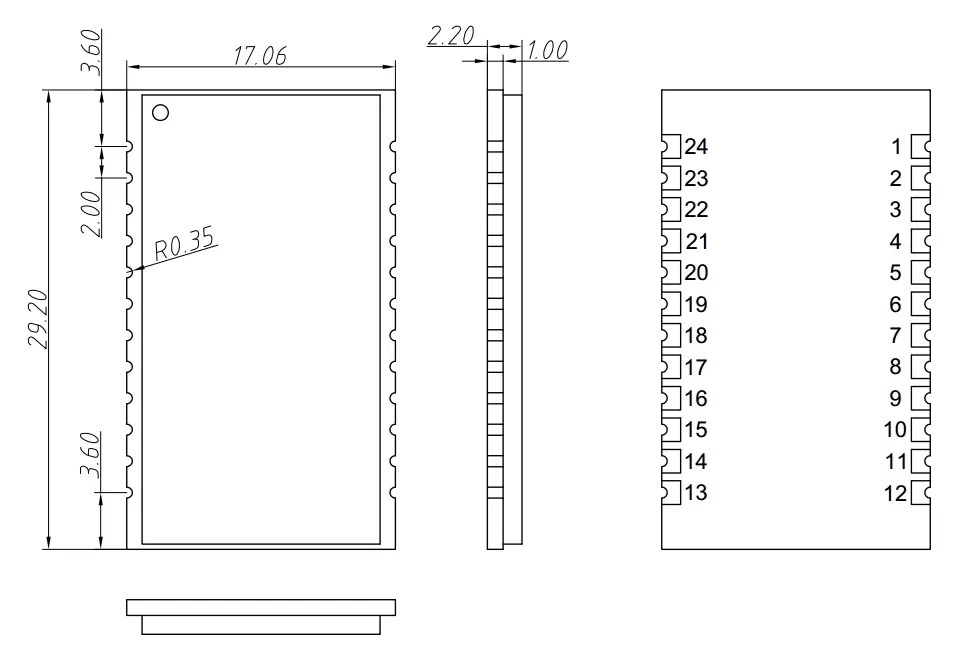 Mechanische Abmessungen des LoRaWan-Gateway-Knotenmoduls LN610 Mechanische Abmessungen des LoRaWan-Gateway-Knotenmoduls LN610