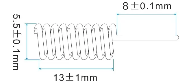Abmessungen der 868 MHz Kupferfederantenne SW868-TH13Z Abmessungen der 868 MHz Kupferfederantenne SW868-TH13Z