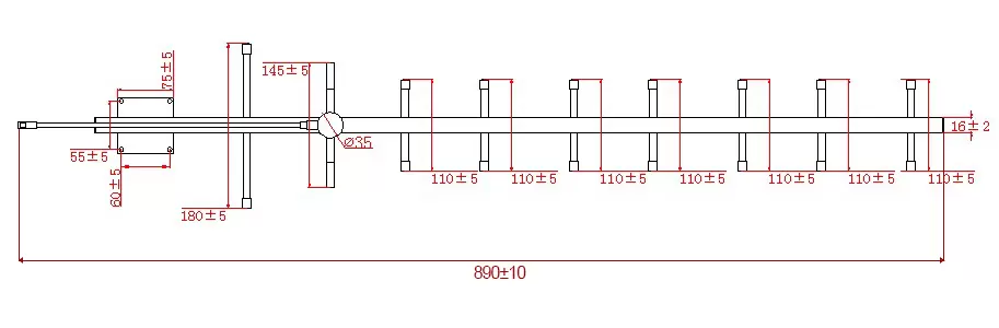 Größen der Yagi-Antenne SW915-BM-11DB Größen der Yagi-Antenne SW915-BM-11DB