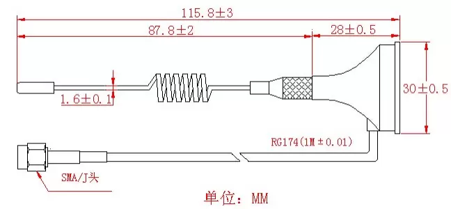 Abmessungen der 490 MHz High Gain Small Sucker Antenne SW490-XP1M Abmessungen der 490 MHz High Gain Small Sucker Antenne SW490-XP1M