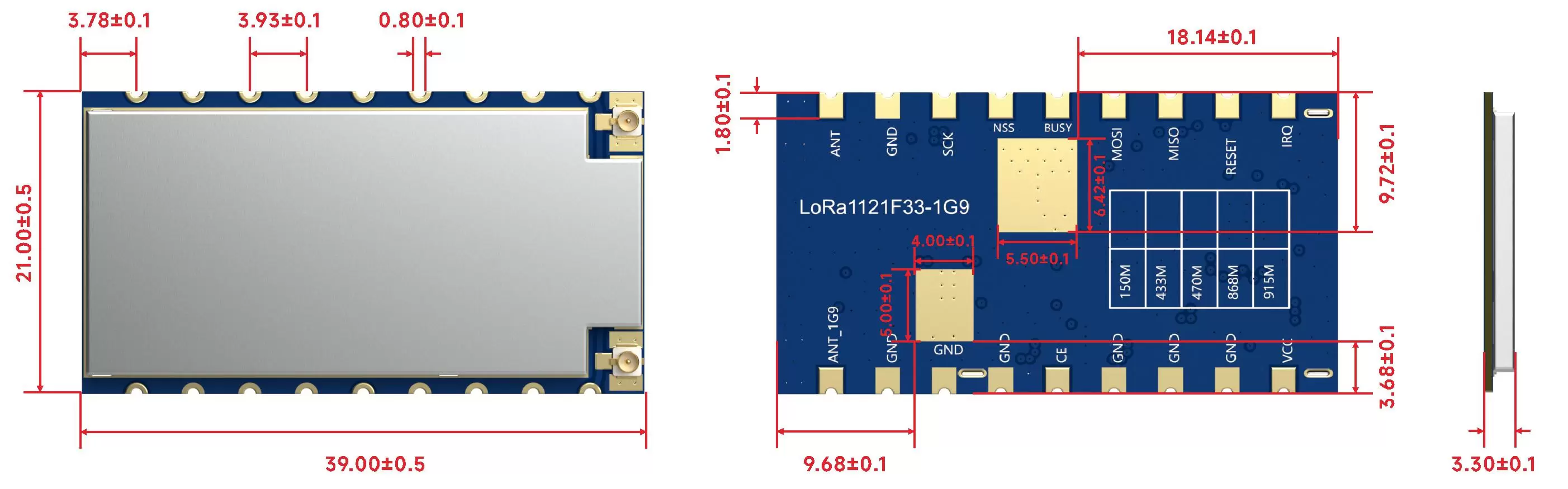 Die Größe des Lora-Moduls lora1121 Die Größe des Lora-Moduls lora1121