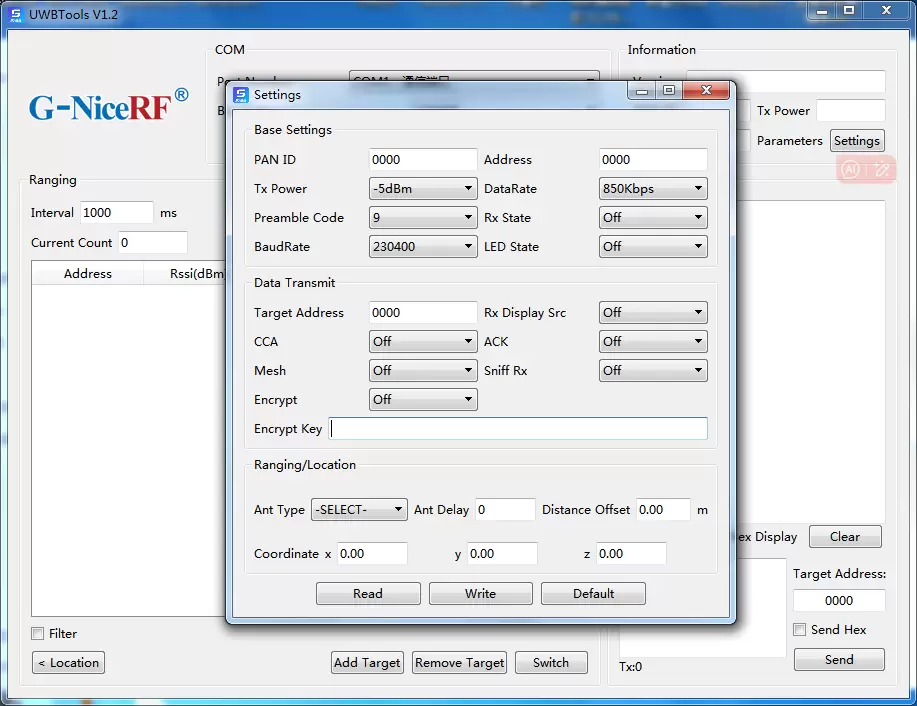 Screenshot der NiceRF UWBTools V1.2 PC-Konfigurationssoftware für das UWB650-Modul